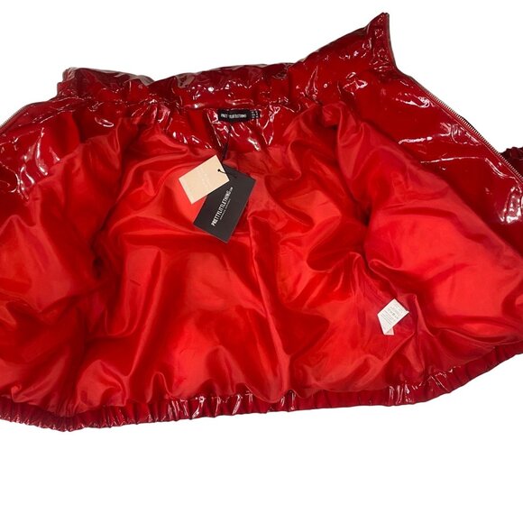 PrettyLittleThing Size M Red Glossy Quilted Puffer Jacket Cropped READ - Picture 10 of 16